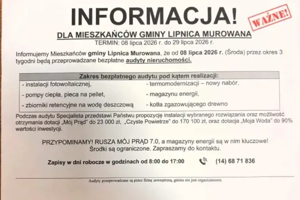 Uwaga na nieuczciwe firmy oferujące dotacje – apel Urzędu Gminy Lipnica Murowana