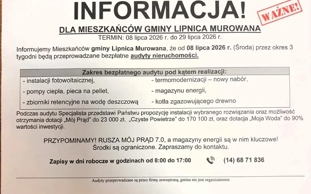 Uwaga mieszkańcy gminy Lipnica Murowana – ulotka o audytach to prywatna inicjatywa
