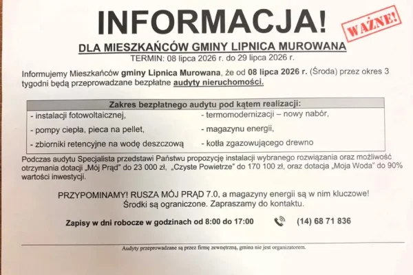 Uwaga mieszkańcy gminy Lipnica Murowana – ulotka o audytach to prywatna inicjatywa