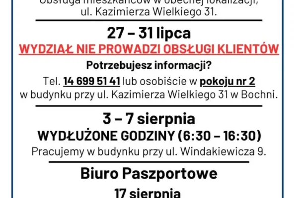 Zmiany w pracy Wydziału Komunikacji i Biura Paszportowego w Bochni – nowe godziny i lokalizacje