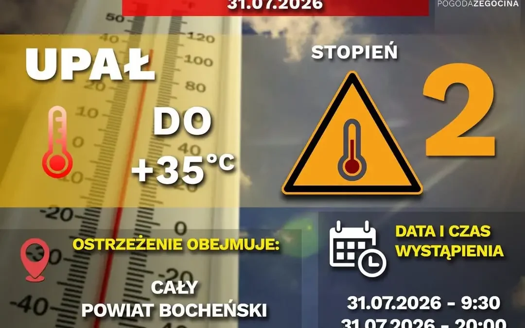 Ostrzeżenie drugiego stopnia przed upałami dla powiatu bocheńskiego