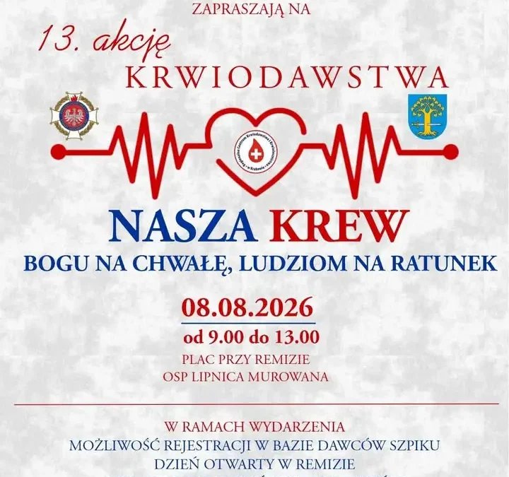 8 sierpnia w gminie Lipnica Murowana: Akcja Krwiodawstwa i Piknik Strażacki