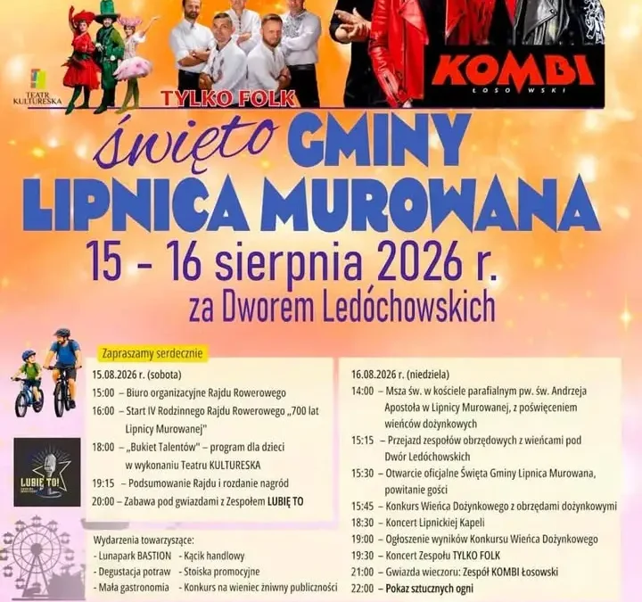 Święto Gminy Lipnica Murowana 2026: Dwa dni pełne atrakcji, koncertów i dożynek