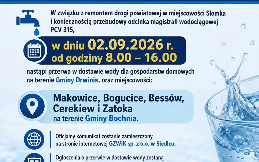 Przerwa w dostawie wody w Gminie Drwinia i Bochnia – 2 września