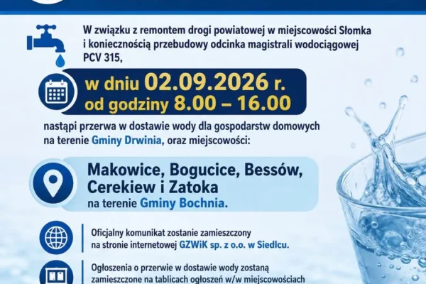Przerwa w dostawie wody w Gminie Drwinia i Bochnia – 2 września