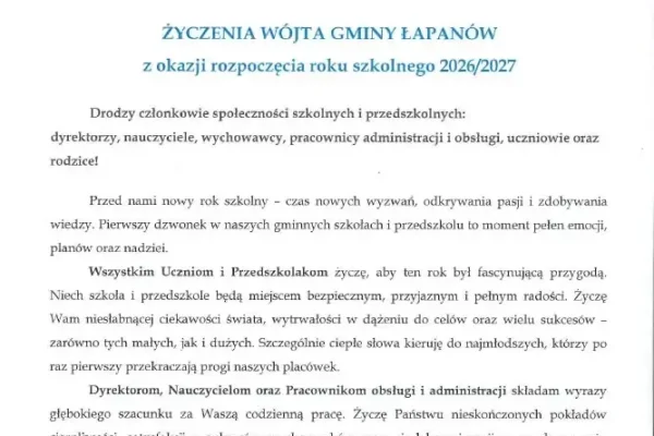 Życzenia Wójta Gminy Łapanów na nowy rok szkolny 2026/2027