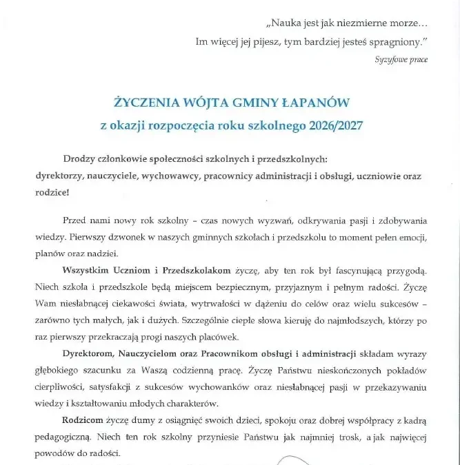 Życzenia Wójta Gminy Łapanów na nowy rok szkolny 2026/2027