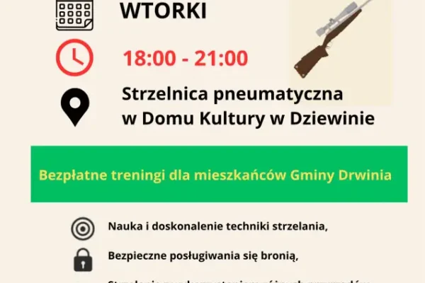 Treningi strzeleckie w Dziewinie – bezpłatne zajęcia dla mieszkańców gminy Drwinia