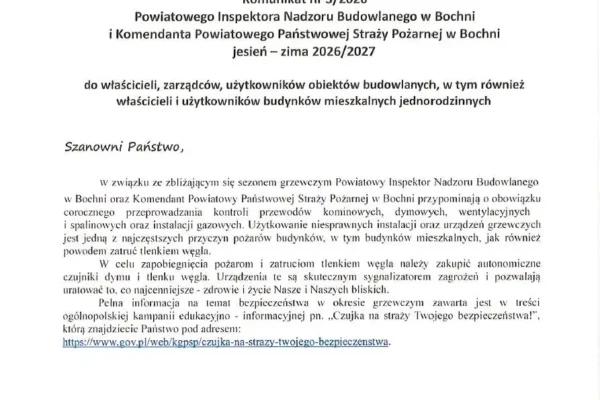 Bochnia: Strażacy i nadzór budowlany przypominają o kontroli kominów przed sezonem grzewczym