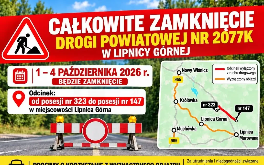 Lipnica Górna: droga powiatowa zamknięta od 1 do 4 października