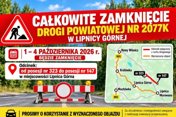 Lipnica Górna: droga powiatowa zamknięta od 1 do 4 października