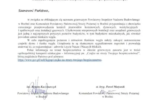 Sezon grzewczy 2026/2027: przypomnienie o kontroli kominów i czujnikach tlenku węgla