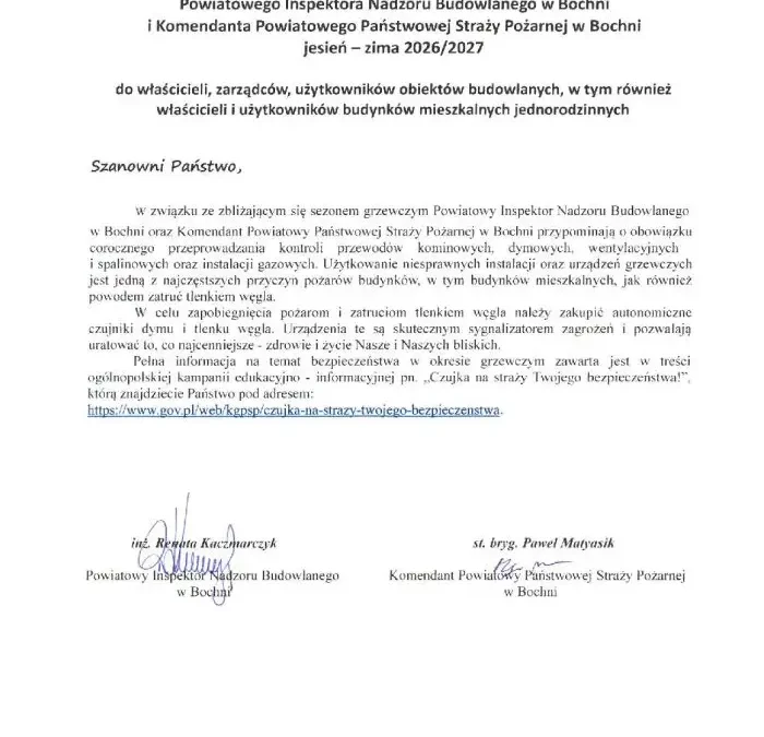Sezon grzewczy 2026/2027: przypomnienie o kontroli kominów i czujnikach tlenku węgla