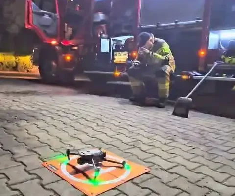 Pożar w Lipnicy Dolnej: strażacy z OSP KSRG Leszczyna monitorują pogorzelisko dronem