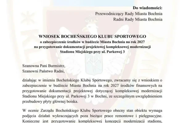 Bocheński Klub Sportowy apeluje o modernizację Stadionu Miejskiego