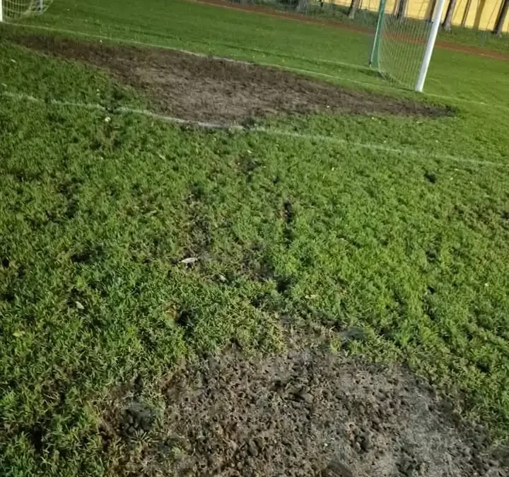 Zły stan murawy na Stadionie Miejskim w Bochni przed meczem z wiceliderem