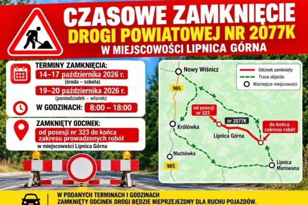 Lipnica Górna: droga powiatowa ponownie zamknięta. Utrudnienia od 14 października