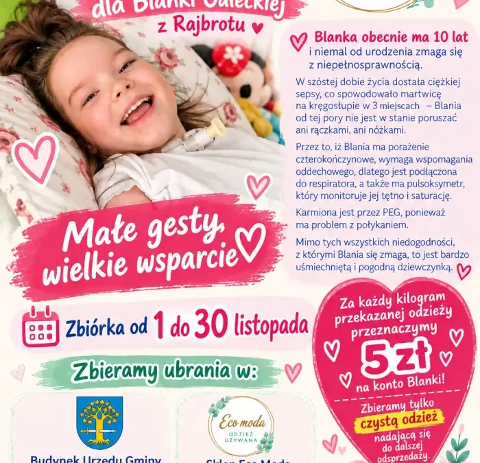 Zbiórka odzieży dla Blanki z Rajbrotu – każdy kilogram to 5 zł wsparcia